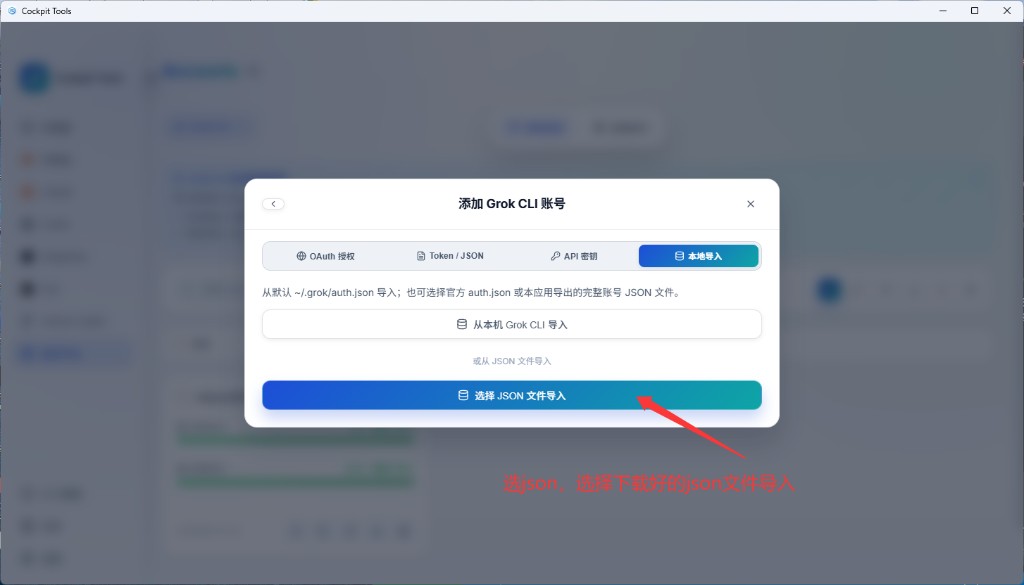 添加 Grok CLI 账号窗口中选择 JSON 文件导入