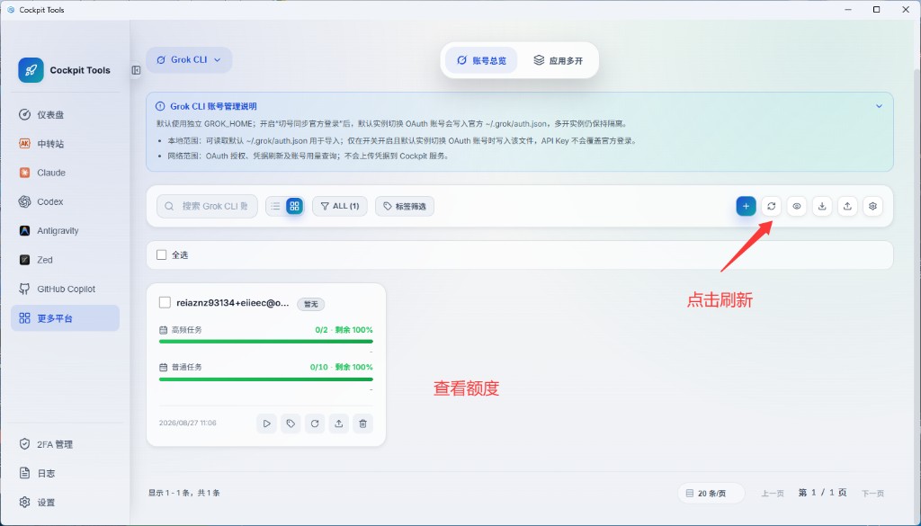 导入成功后刷新并查看 Grok CLI 账号额度